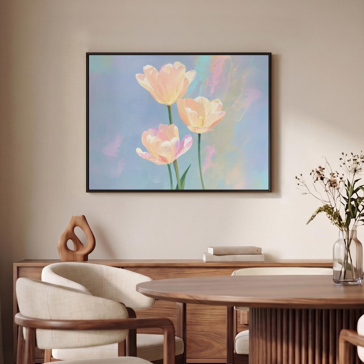 LEINWAND Bilder mit Rahmen - Tulpen - Rosa Akzente - Blau - 70x50 - Pastellblau, Textil (70/50cm) - MuchoWow