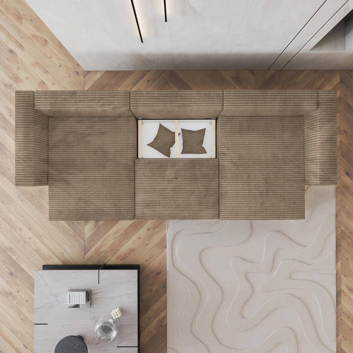 WOHNLANDSCHAFT SARMO Beige Kordstoff mit Schlaffunktion - Beige/Grau, Holz/Kunststoff (347/90/148cm) - MASSENO