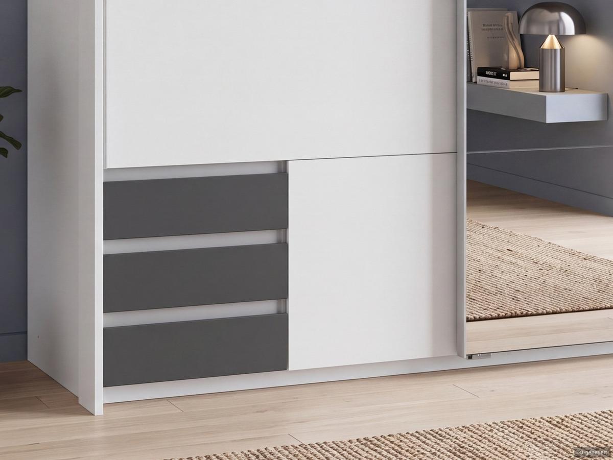 SCHWEBETÜRENSCHRANK 2-türig B183/H200/T65 cm, Passepartout-Kleiderschrank in Weiß, 1x Tür & sichtbare Schubkästen in Grafit mit Spiegel / 22710 - Graphitfarben/Alufarben, Holz/Holzwerkstoff (183/200/65cm) - luma-home