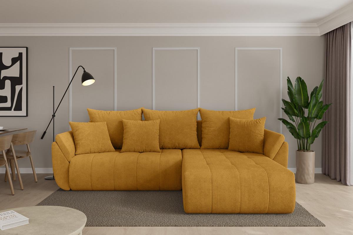 ECKSOFA mit Schlaffunktion Ottomane Rechts TOKO-L 277x194x86 Senfgelb Cord - Dunkelgelb/Schwarz, Holzwerkstoff/Kunststoff (277/194cm) - ALTDECOR