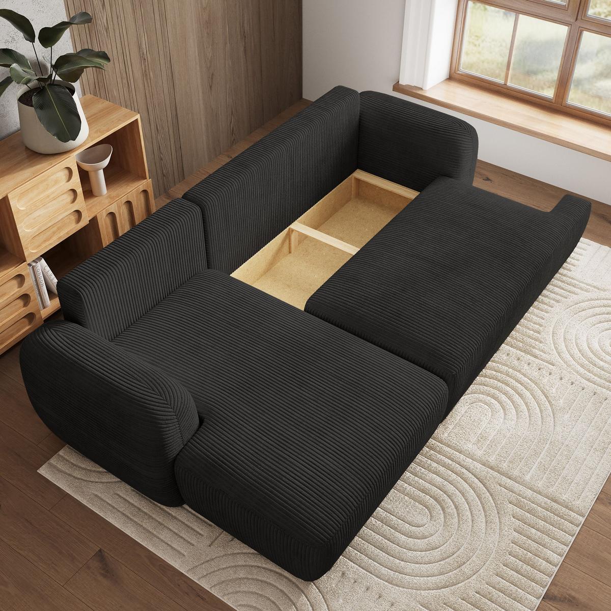 ECKSOFA MODENZA P L-S Schwarz Kordstoff mit Schlaffunktion - Schwarz, Holz/Kunststoff (266/148cm) - MASSENO