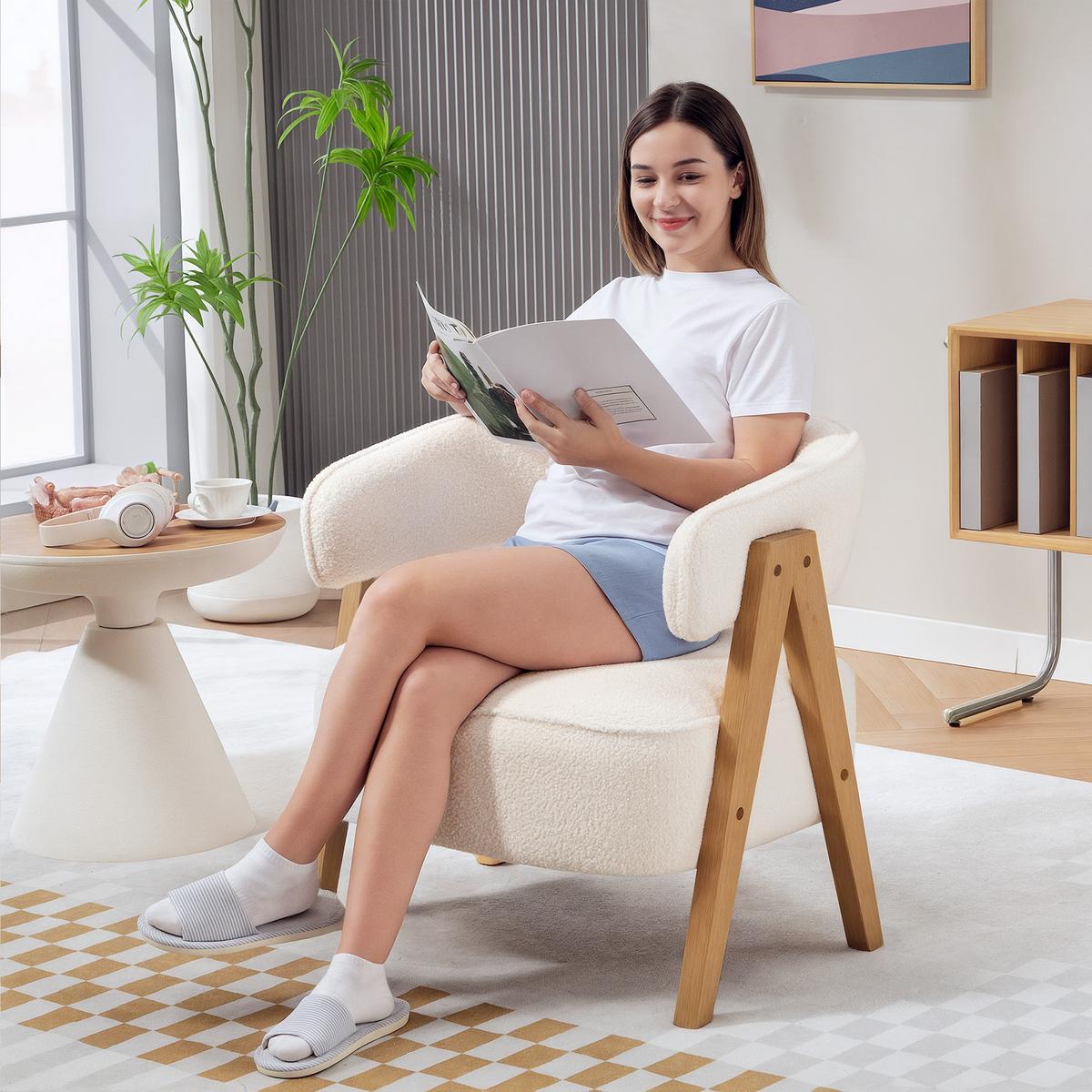 SESSEL gepolsterter Loungesessel mit Armlehnen, Fleece-Optik, Weiß - Weiß/Naturfarben, Holz/Textil (64/71/70cm) - HOMCOM