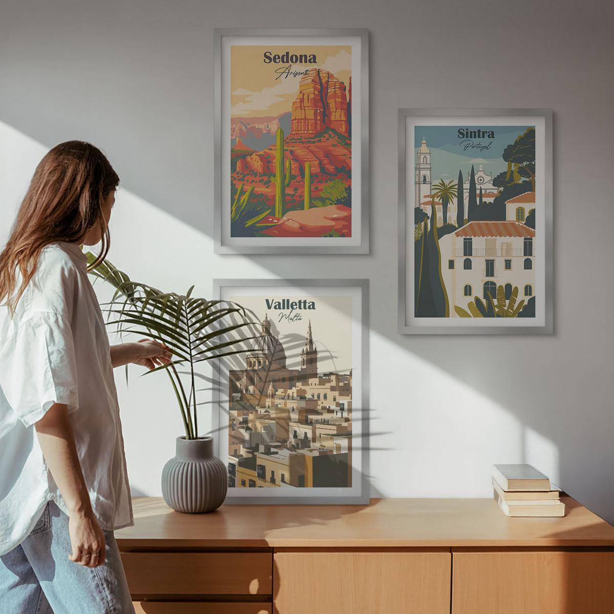 BILDER SET 3er Set - 40x60 cm Silberner Rahmen - Ansichten Sedona Sintra Valletta Retro - Silberfarben, Kunststoff (40/60cm) - TULUP