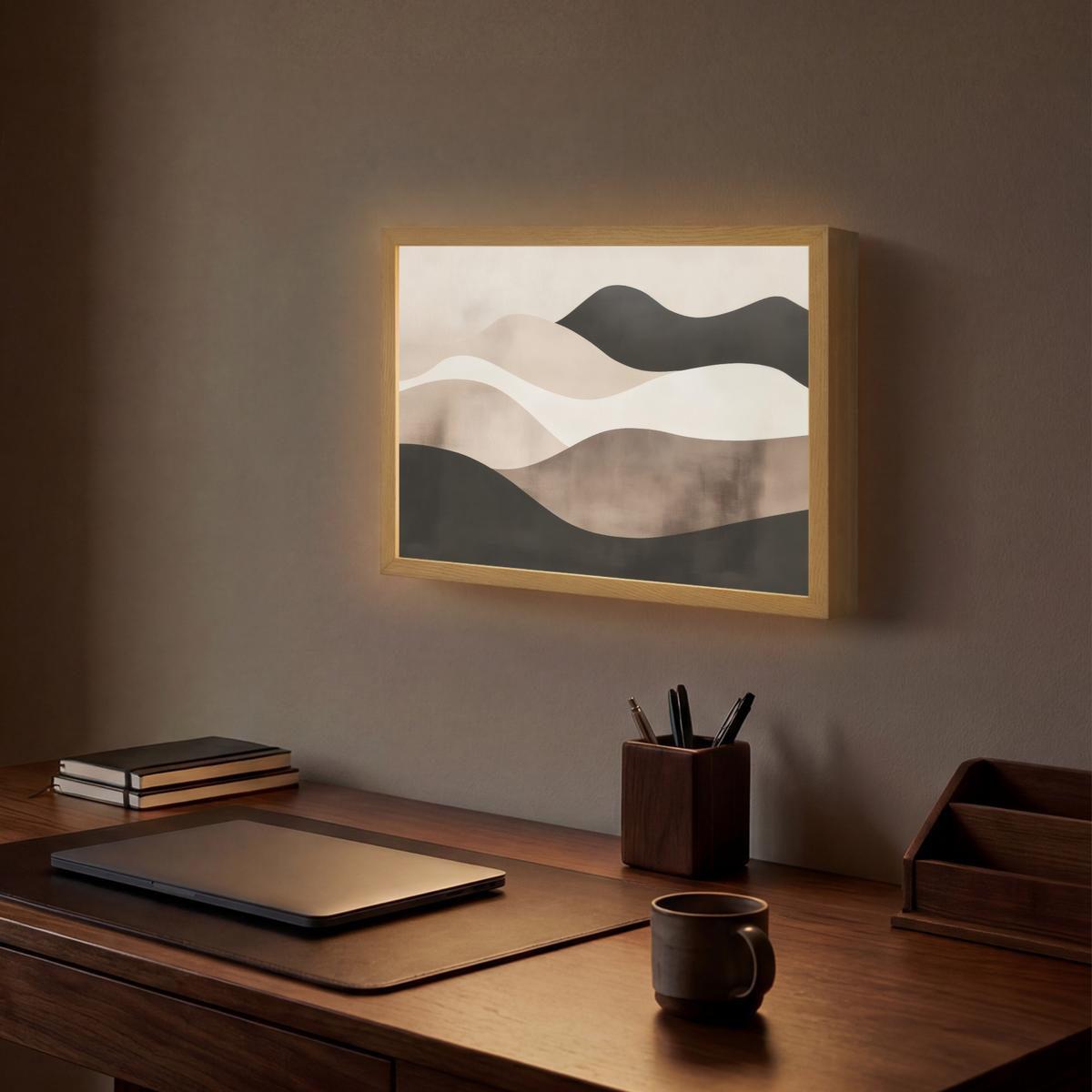 WANDLEUCHTE MIT AKKU Abstrakt - Landschaft - Wellen - Cremefarben 40x30 cm - Graubraun, Holzwerkstoff (40/30/8cm) - OnlyWow