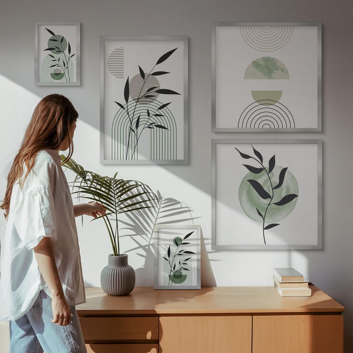 BILDER SET 5er Set - 50x50 cm & 20x30 cm & 40x60 cm Silberner Rahmen - Boho-Pflanzenkompositionen - Silberfarben, Kunststoff (40/60cm) - TULUP