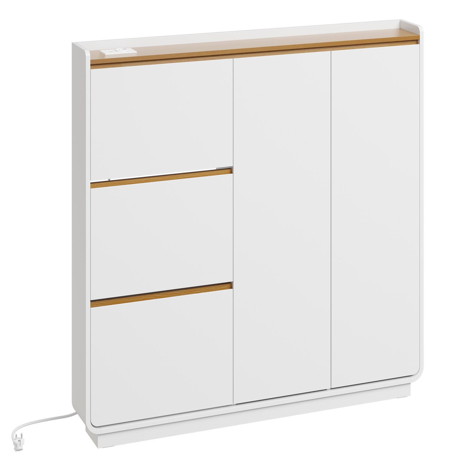 SCHUHSCHRANK mit Klappen und Steckdose FSR229-E-WN - Ahornfarben/Weiß, Holzwerkstoff/Fell (15/126/121cm) - SoBuy