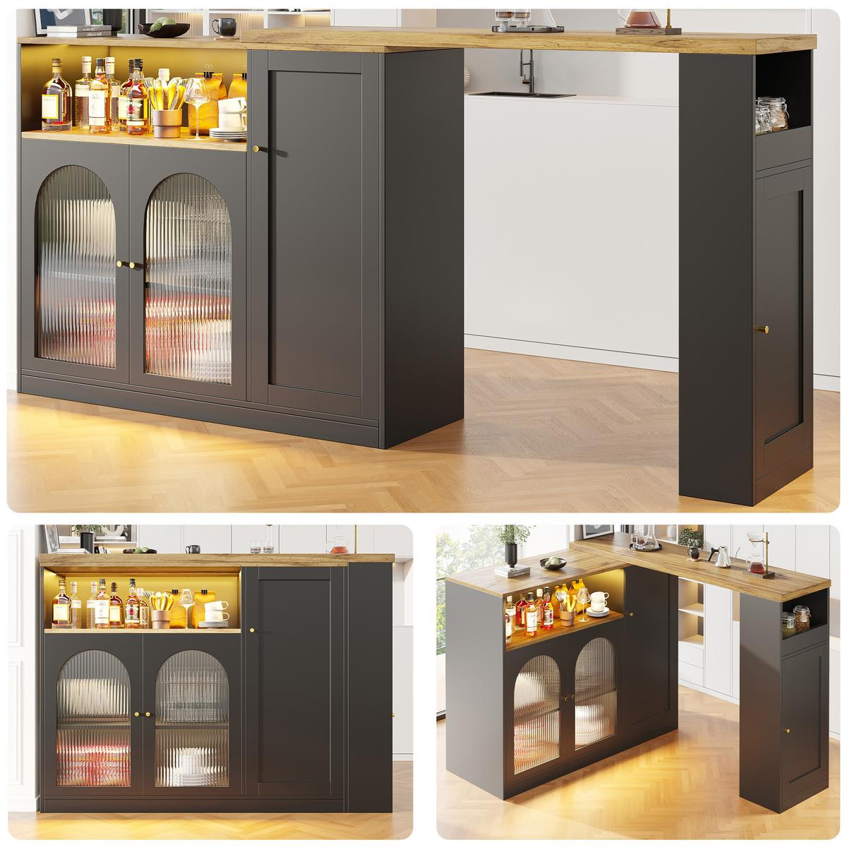 BARTISCH 360° Drehbar Schwarz & Holzoptik Barset mit LED, Glasschrank & Stauraum - Schwarz, Holzwerkstoff (39.6/197/100cm) - Urban Meuble