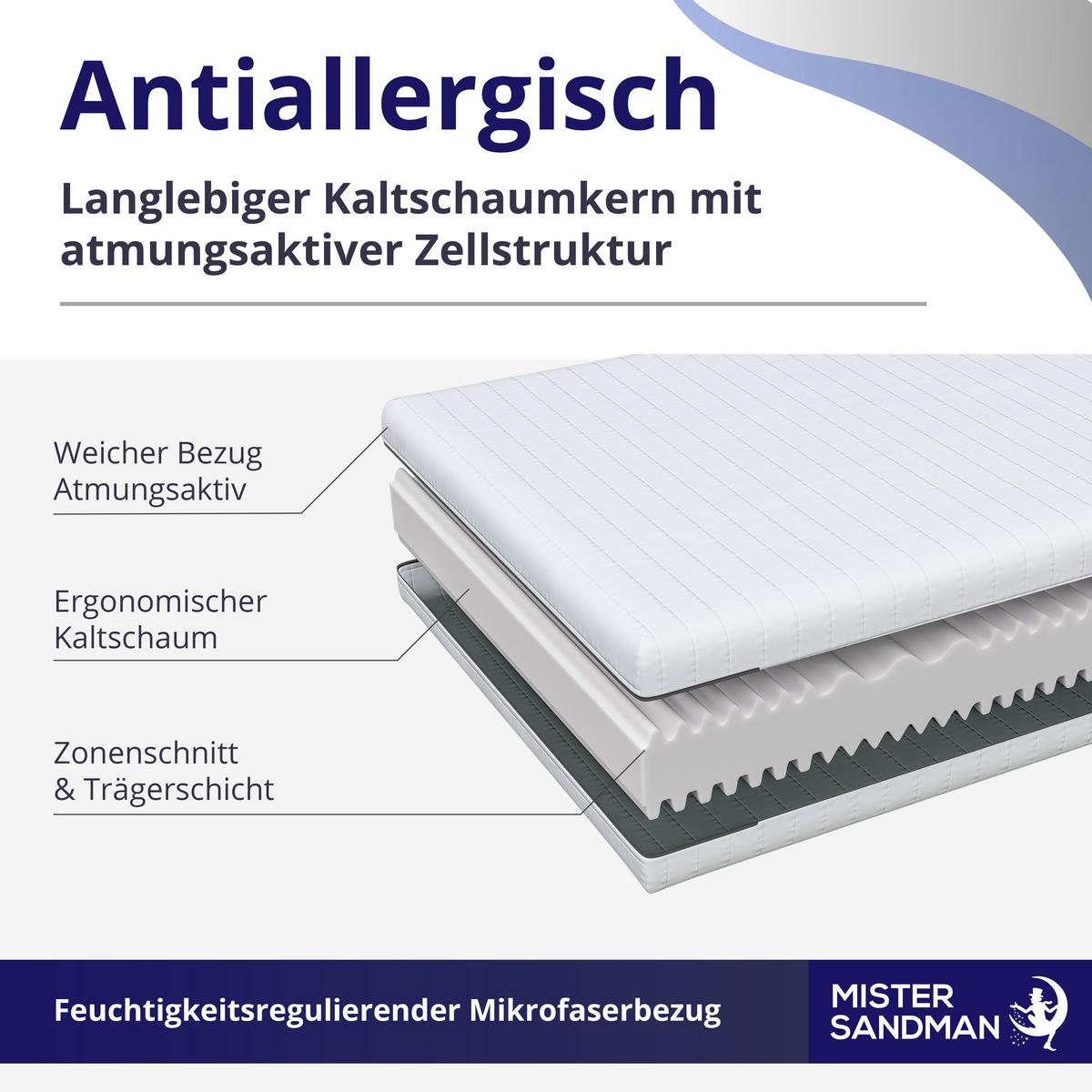7-ZONEN KALTSCHAUMMATRATZE 100x200 cm – H2 & H3 Wendematratze – 18 cm Höhe - Weiß, Textil (100/200cm) - Mister Sandman