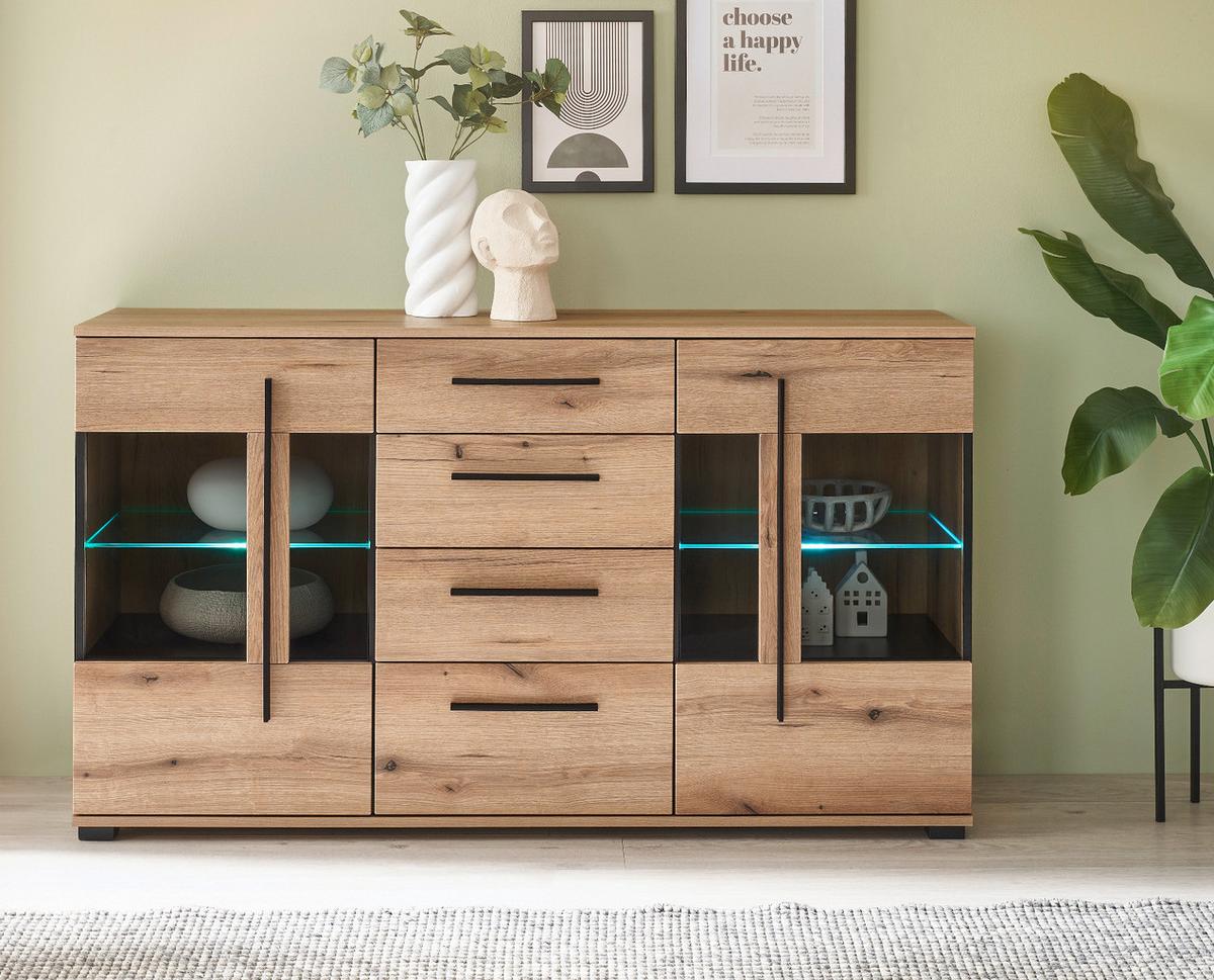 SIDEBOARD Eiche Evoke, Kommode 150 cm mit Soft-Close - Eichefarben/Schwarz, Glas/Holzwerkstoff (150/86/42cm) - Furn.Design