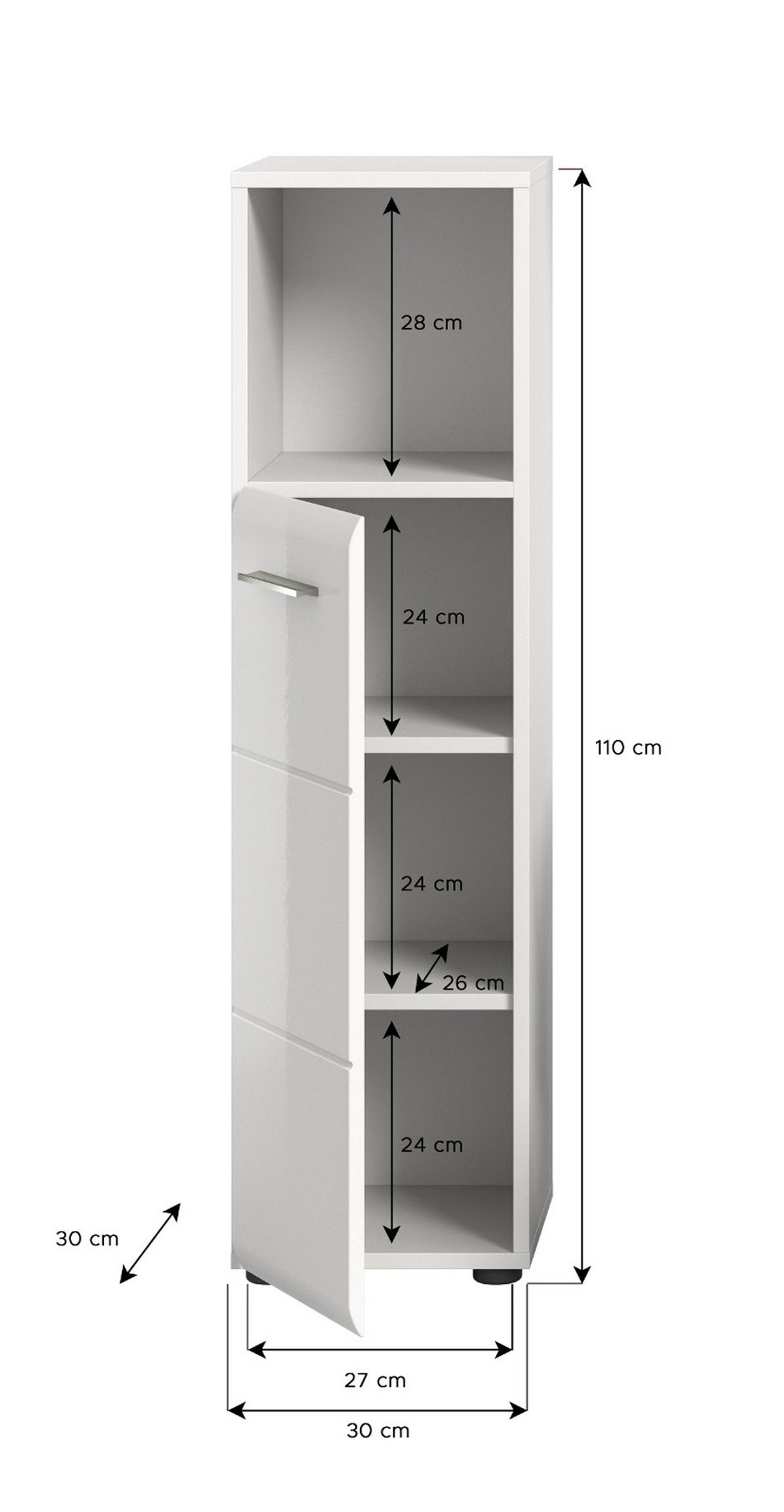 BADKOMMODE weiß Hochglanz, Badezimmer Kommode 30 x 110 cm - Weiß Hochglanz/Silberfarben, Holzwerkstoff/Kunststoff (30/110/30cm) - Inn.Furn