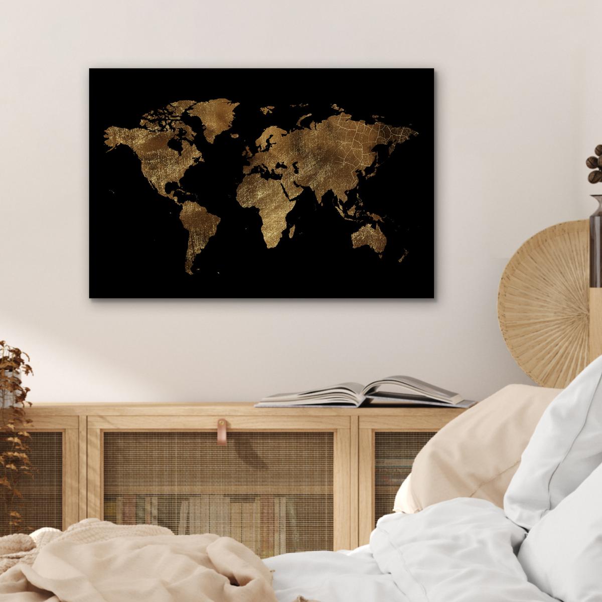 METALLBILD Weltkarte - Gold - Luxus - Erde - Schwarz Wandbild 60x40 cm - Goldfarben, Metall (60/40cm) - MuchoWow