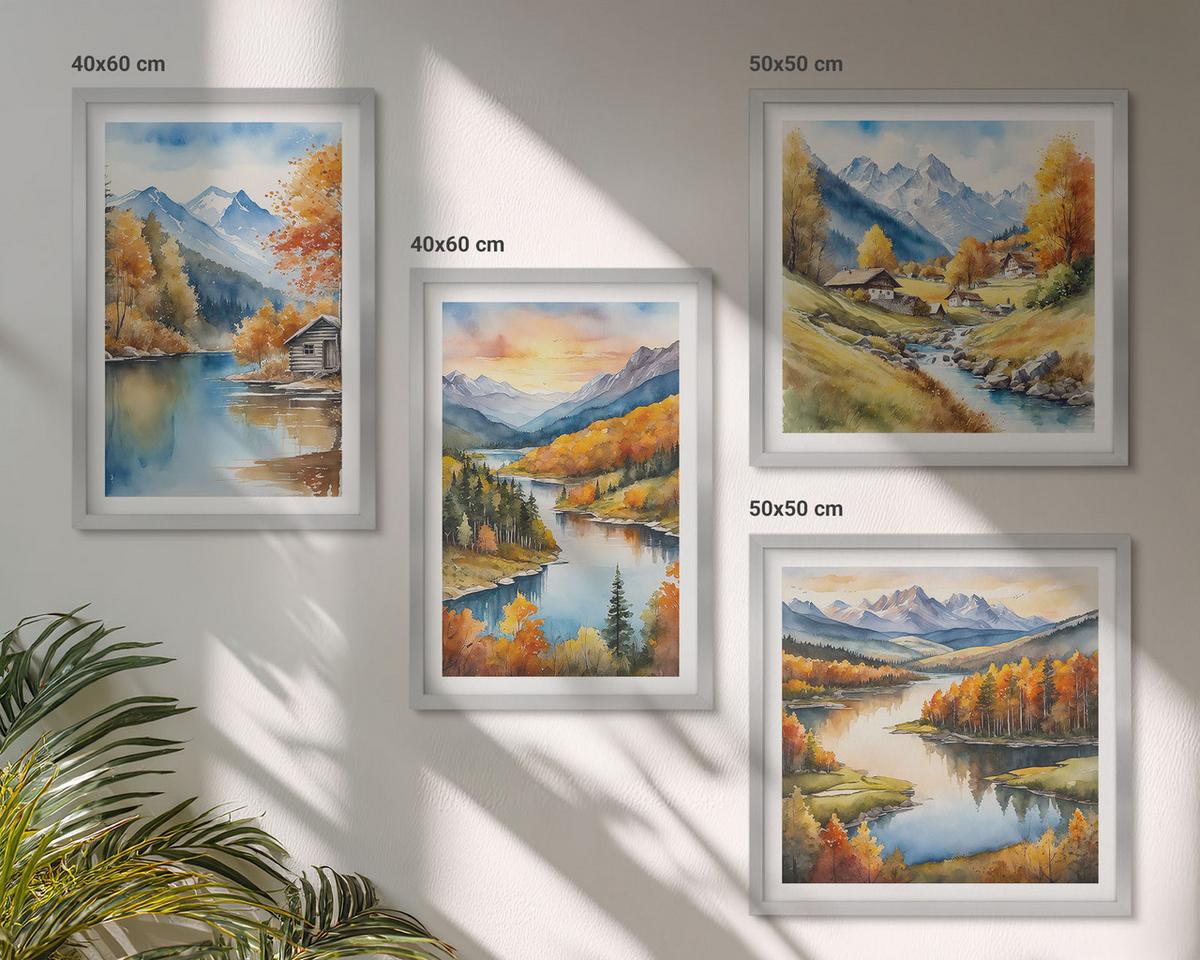 BILDER SET 4er Set - 50x50 cm & 40x60 cm Silberner Rahmen - Herbstliche Berge, Flusshütte - Silberfarben, Kunststoff (50/50cm) - TULUP