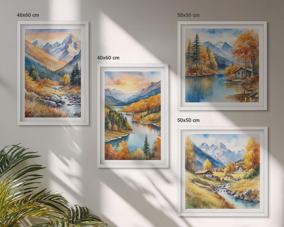 BILDER SET 4er Set - 50x50 cm & 40x60 cm Weißer Rahmen - Berglandschaft mit einem Fluss - Weiß, Kunststoff (50/50cm) - TULUP