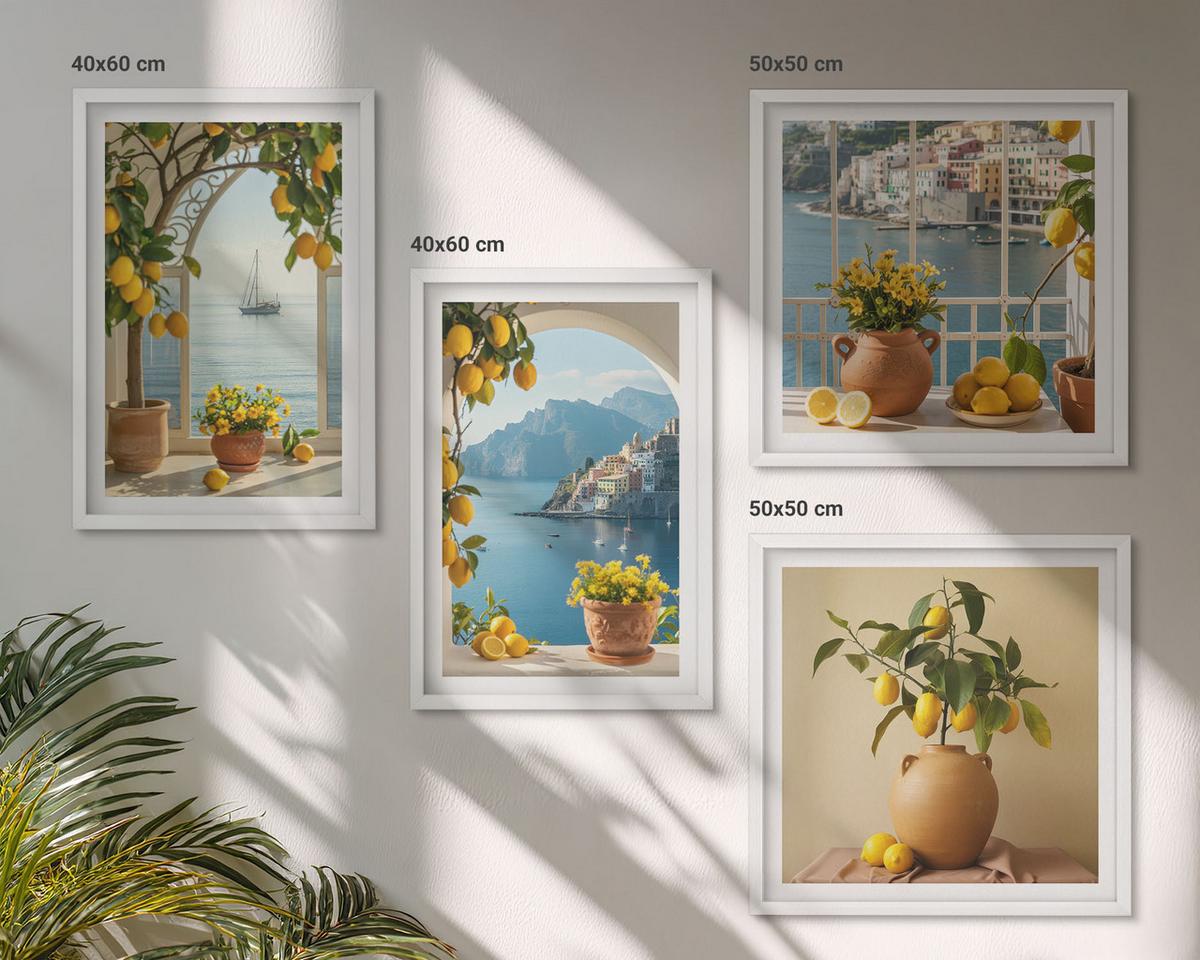 BILDER SET 4er Set - 50x50 cm & 40x60 cm Weißer Rahmen - Zitronenblumen aus der Küstenstadt - Weiß, Kunststoff (50/50cm) - TULUP