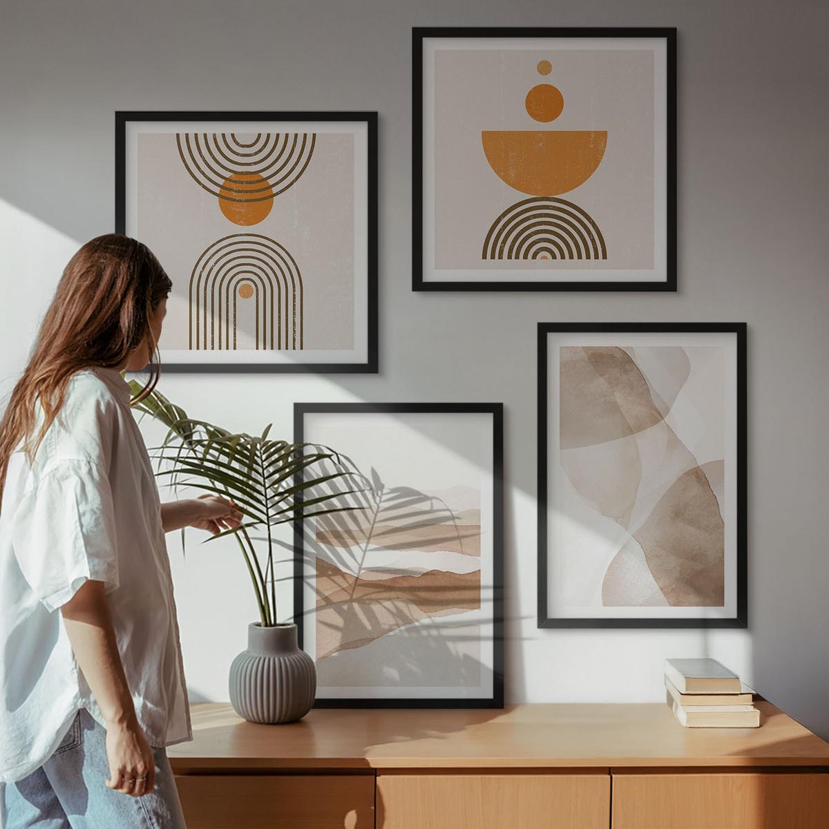 BILDER SET 4er Set - 50x50 cm & 40x60 cm Schwarzer Rahmen - Strukturen schattieren Minimalismus - Schwarz, Kunststoff (50/50cm) - TULUP