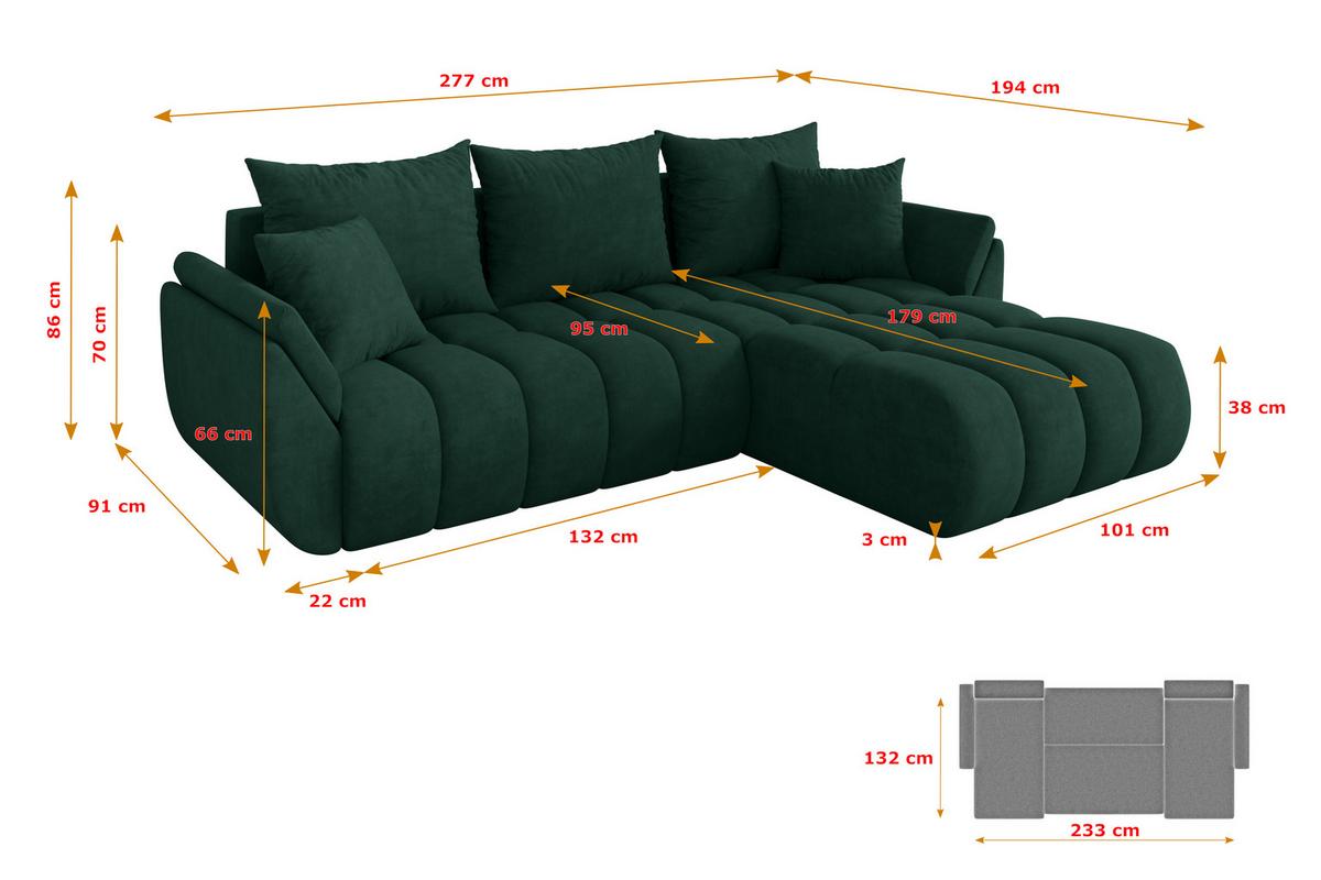 ECKSOFA mit Schlaffunktion Ottomane Rechts TOKO-L-v1 277x194x86 Grün Velours - Schwarz/Grün, Holzwerkstoff/Kunststoff (277/194cm) - ALTDECOR