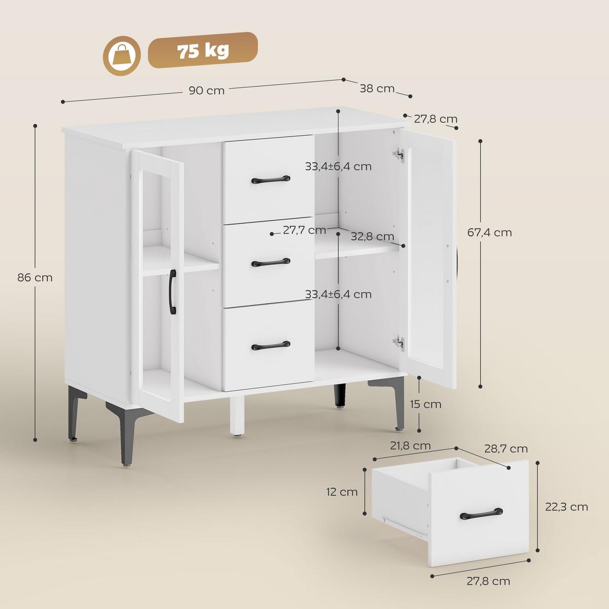 KOMMODE MDF Glas Weiß - Transparent/Schwarz, Holzwerkstoff/Metall (38/86/90cm) - HOMCOM