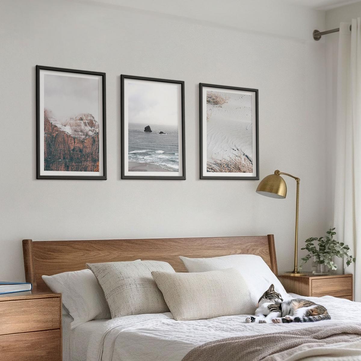 BILDER SET 3er Set - 40x60 cm Schwarzer Rahmen - Berge, Wolken, Meer, Sand, Natur - Schwarz, Kunststoff (40/60cm) - TULUP