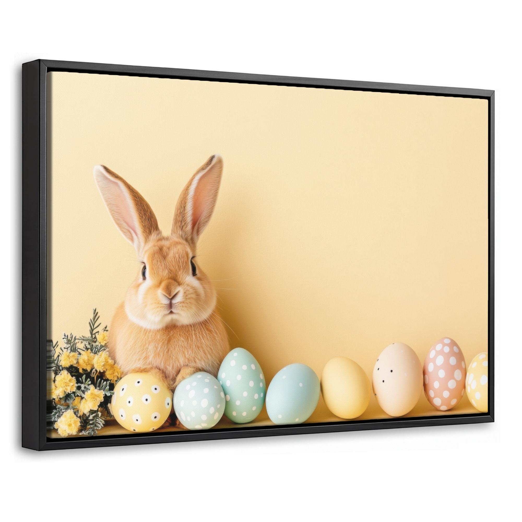 LEINWAND Bilder mit Rahmen - Eier - Kaninchen - Pastellfarbtöne - 30x20 - Hellgelb, Textil (30/20cm) - MuchoWow