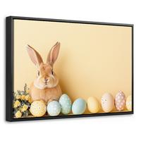 LEINWAND Bilder mit Rahmen - Eier - Kaninchen - Pastellfarbtöne - 30x20 - Hellgelb, Textil (30/20cm) - MuchoWow