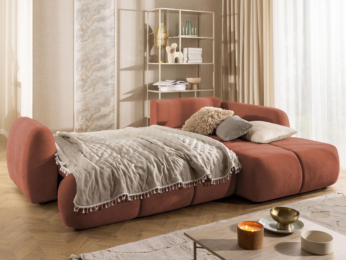 ECKSOFA Loretto aus natürlichem Terrakotta Webstoff mit Schlaffunktion, Bettkasten und tiefen Steppungen in Bubble-Optik - Terracotta/Schwarz, Holz/Kunststoff (275/180cm) - S-Style