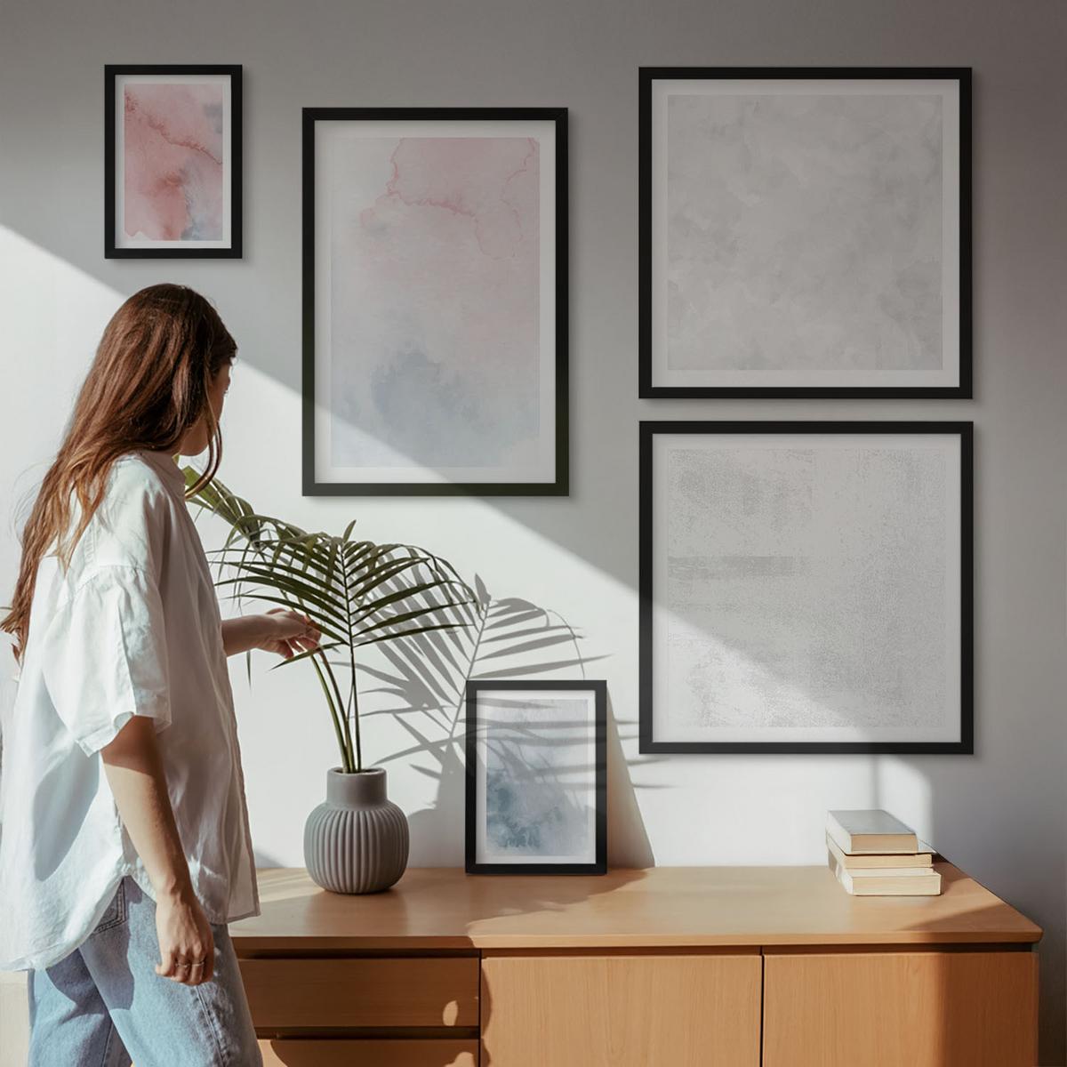 BILDER SET 5er Set - 50x50 cm & 20x30 cm & 40x60 cm Schwarzer Rahmen - Pastellfarbene Aquarelltexturen - Schwarz, Kunststoff (40/60cm) - TULUP