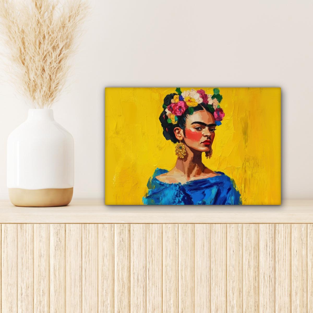 LEINWANDBILD Frida Kahlo - Frau - Gelb - Blau - Blumen Deko Schlafzimmer 30x20 cm - Gelb, Textil (30/20cm) - MuchoWow
