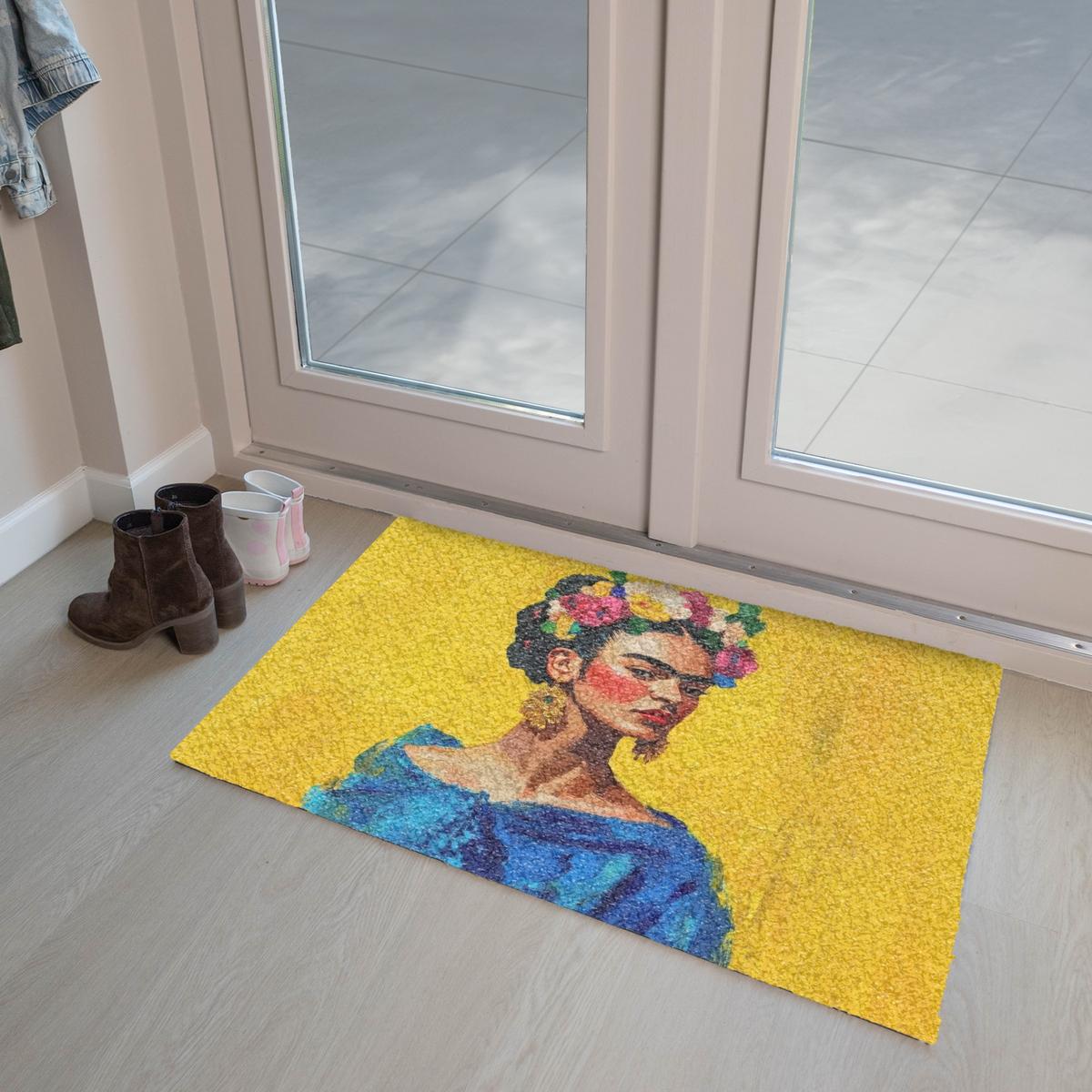FUSSMATTE Frida Kahlo - Frau - Gelb - Blau - Blumen Schmutzfangmatte 90x60 cm - Gelb, Kunststoff (90/0.4cm) - MuchoWow