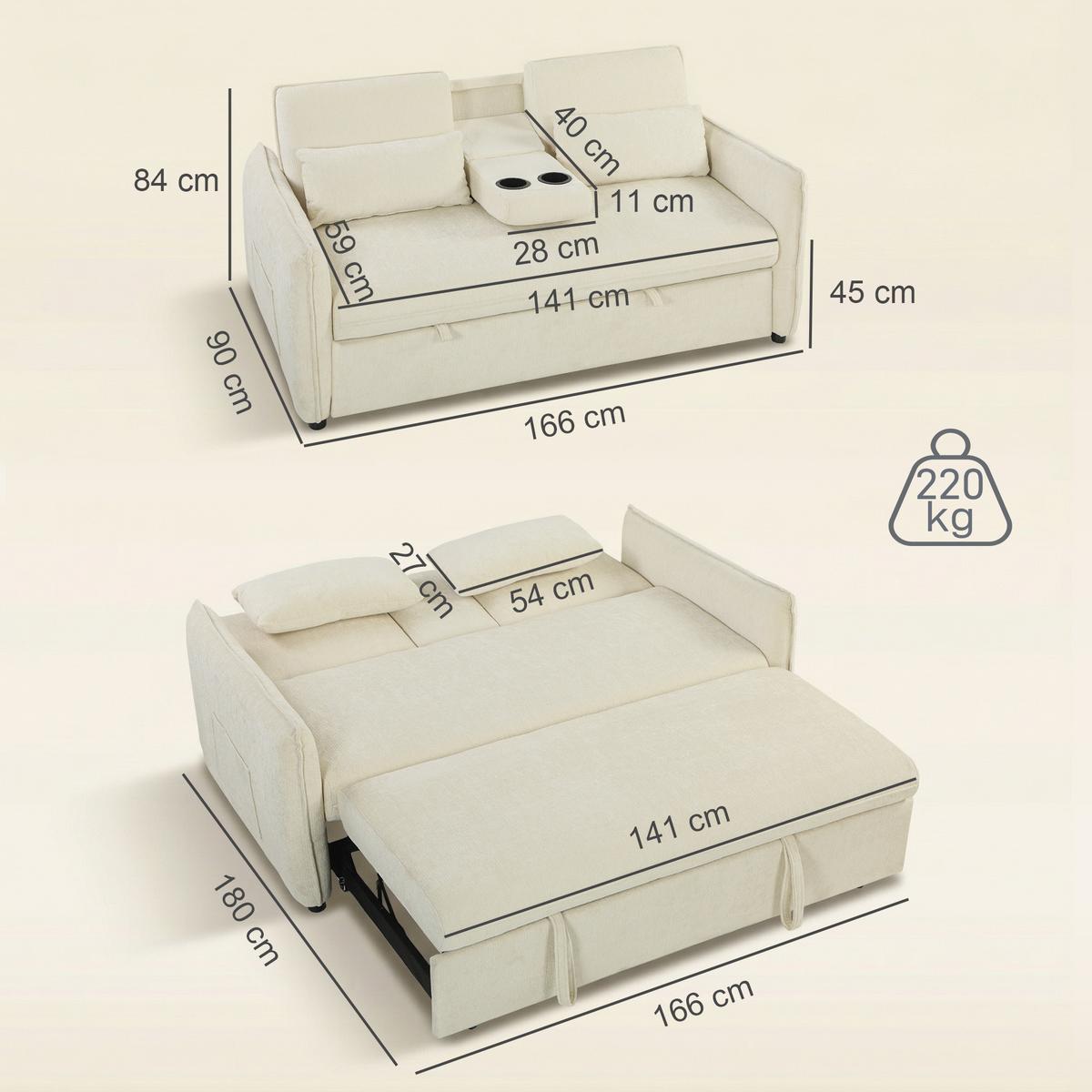 SCHLAFSOFA Chenille Beige - Beige/Schwarz, Holz/Kunststoff (90/84/166cm) - HOMCOM
