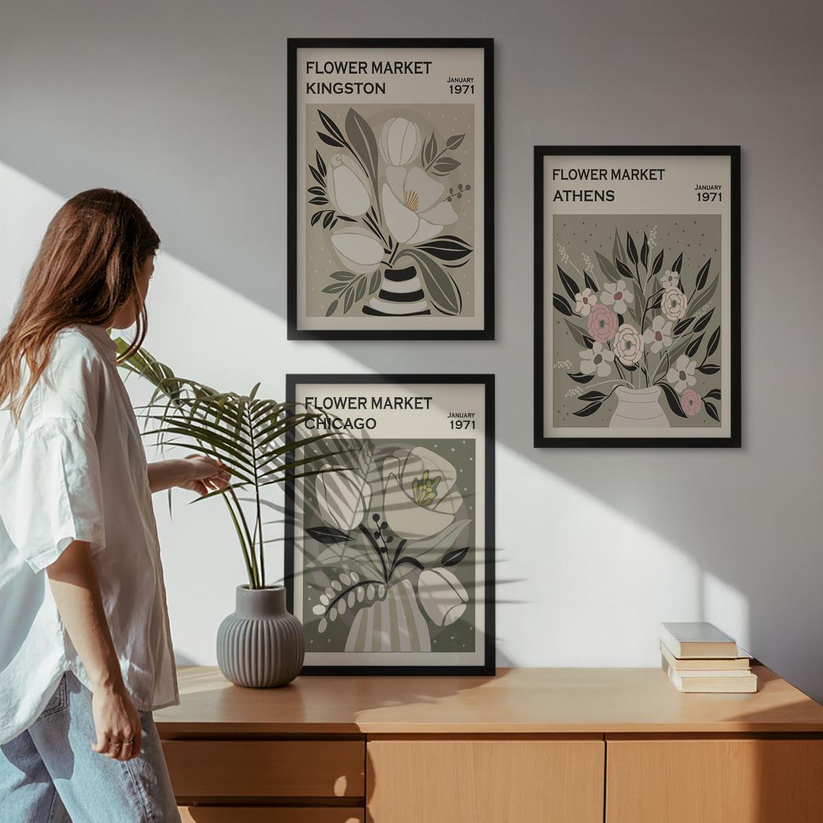 BILDER SET 3er Set - 40x60 cm Schwarzer Rahmen - Retro-Blumenarrangements - Schwarz, Kunststoff (40/60cm) - TULUP