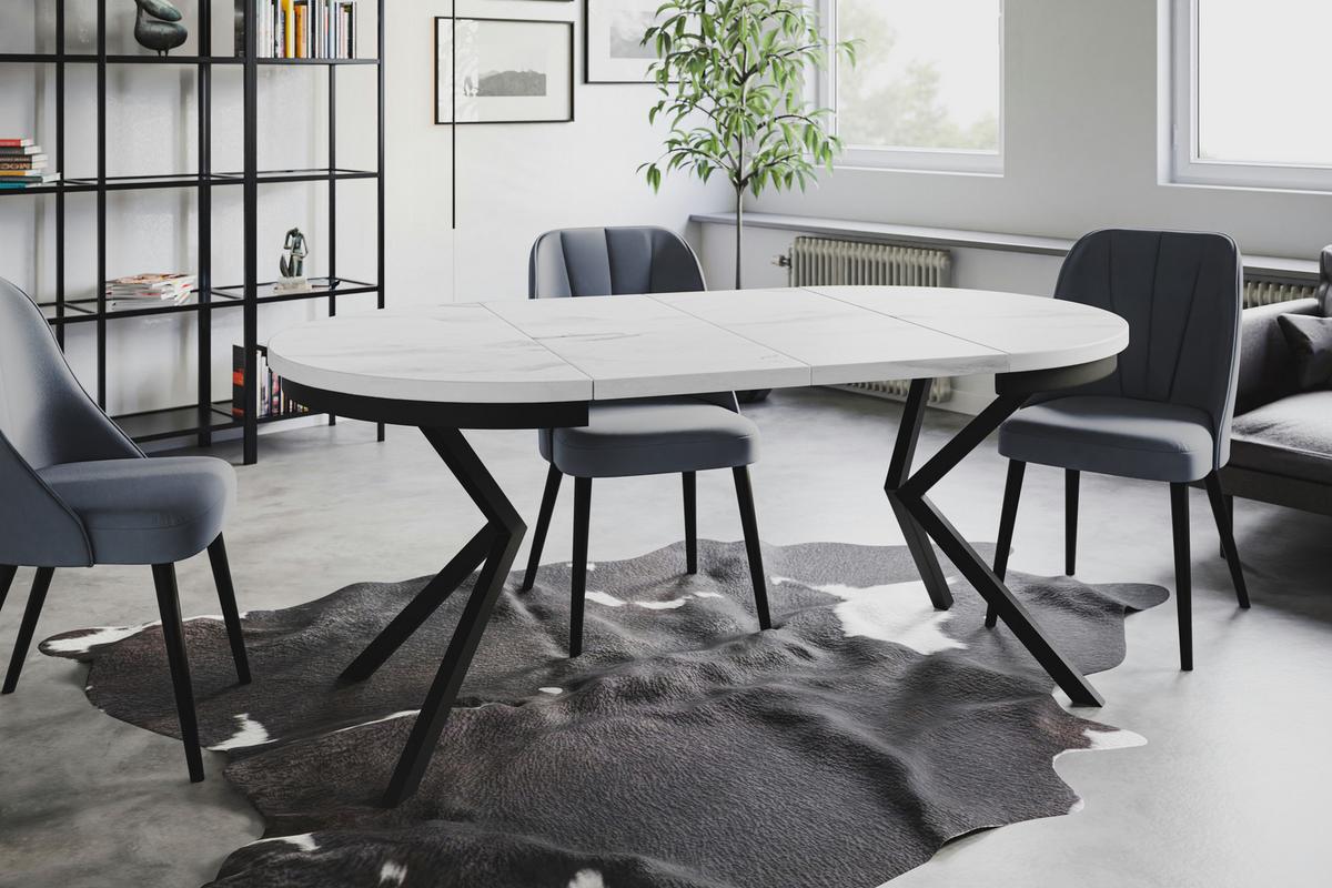 RUNDER Esszimmertisch BERGO, ausziehbarer Tisch Durchmesser: 90 cm/170 cm, Wohnzimmertisch Farbe: Marmur, mit Metallbeinen in Farbe Schwarz - Hellgrau/Schwarz, Holzwerkstoff (90/90/76cm) - Alpi-Möbel
