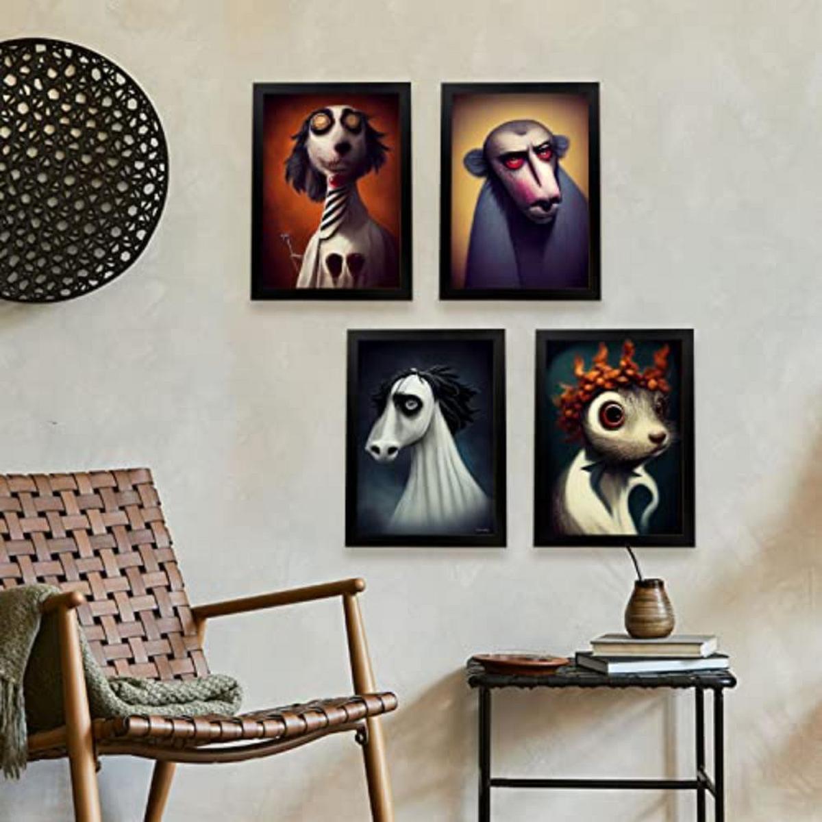 POSTER Set mit 4 Neugierig Tier im T Burton Goth Stil A3 Weißer Rahmen - Weiß, Papier (29.7/3cm) - Nacnic