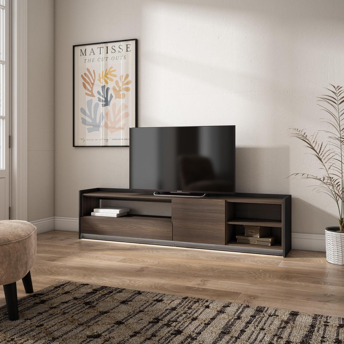 LOWBOARD, Dunkler Eiche und Schwarz, 207/37/50cm, mit Led - Dunkelbraun, Holzwerkstoff (207/50/37cm) - Skraut Home