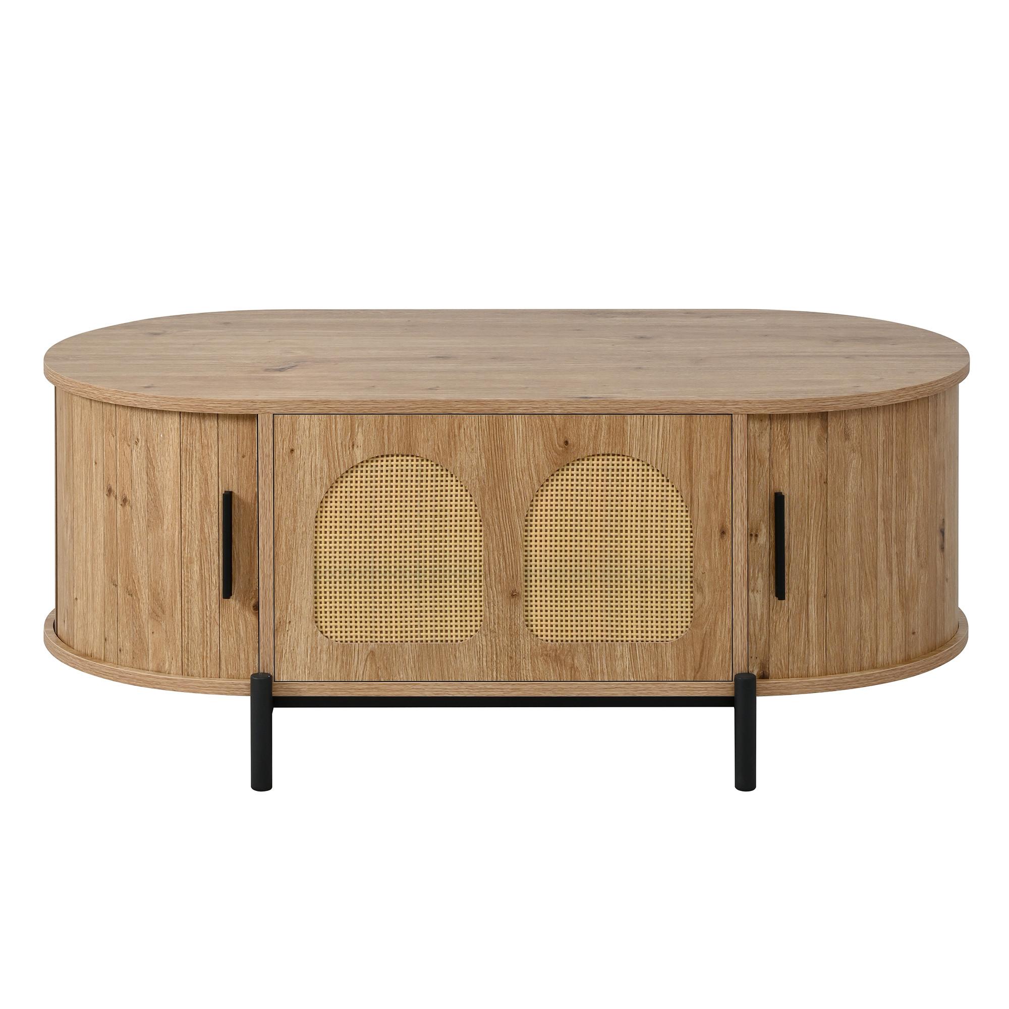 COUCHTISCH in holzoptik mit rattan, ovale form und schiebetüren - Naturfarben, Holzwerkstoff (50/100/40cm) - Urban Meuble