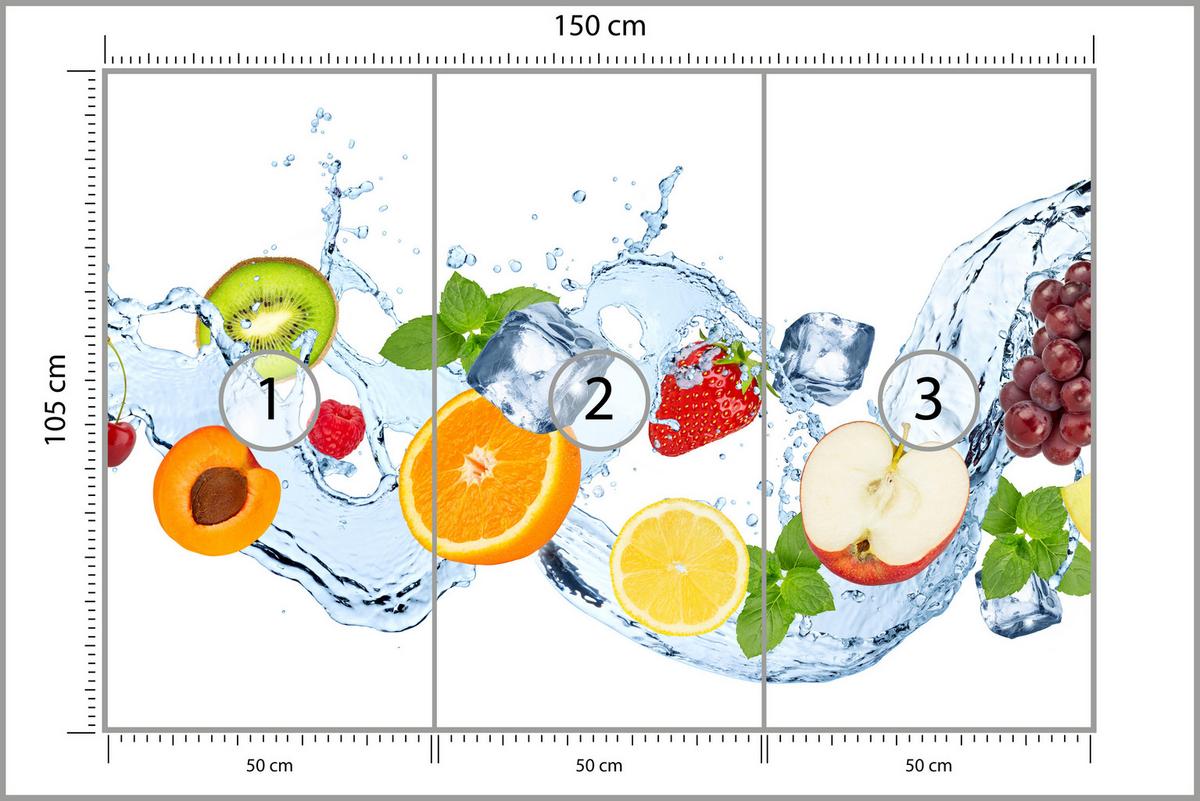 FOTOTAPETE für Küche Erfrischende Früchte Eis Wasser Orange Minze Zitrone Kiwi 150x105 - Gelb/Rot, Papier (150/105cm) - Muralo