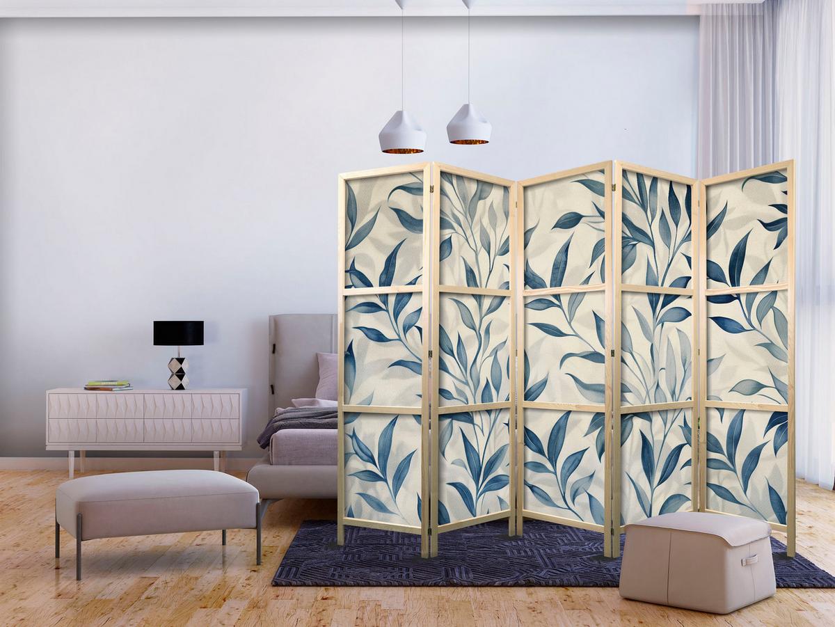 PARAVENT Japanischer 5-tlg 225x172 cm Blaue Bl tter - Grau, Holz/Textil (225/172/3cm) - Muralo