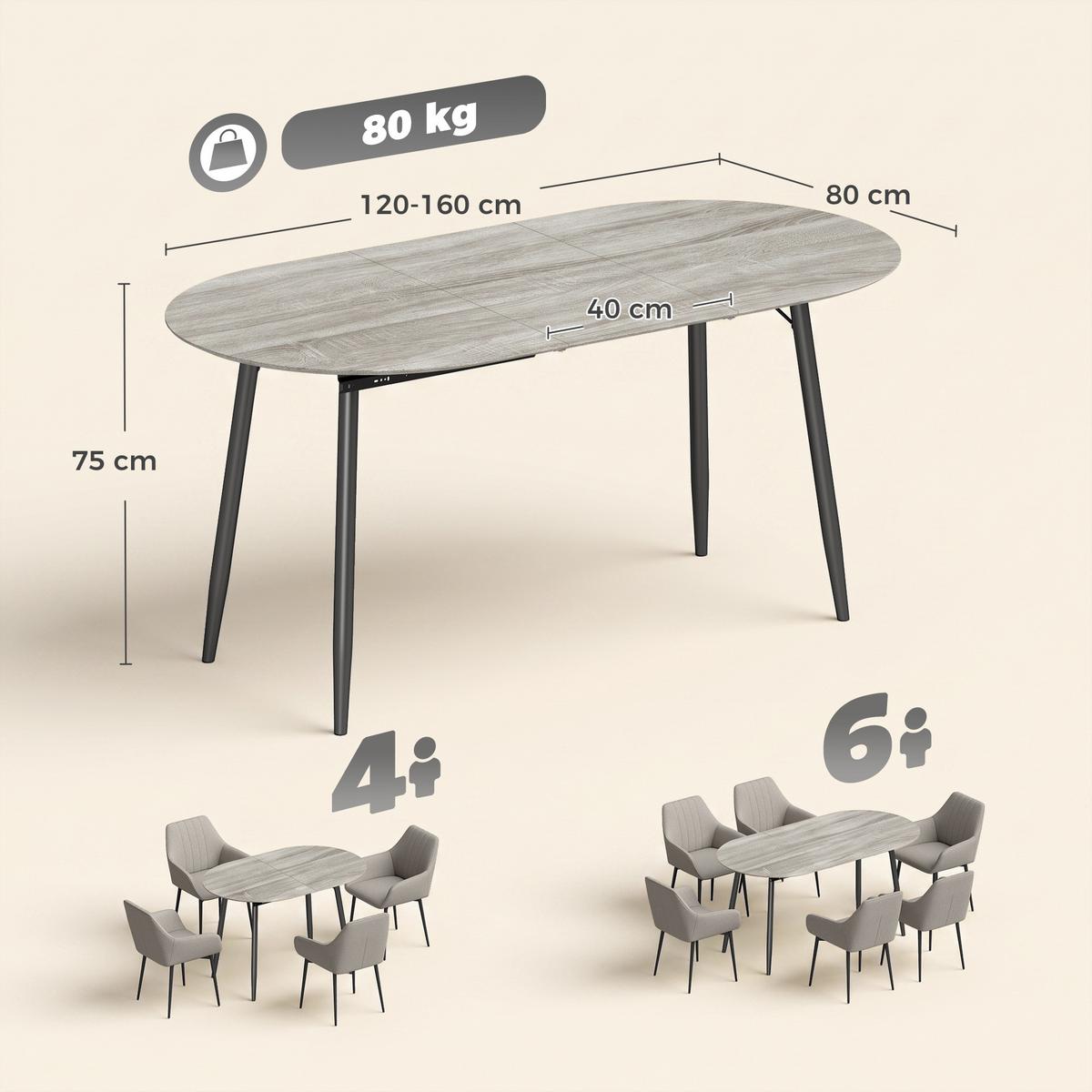 AUSZIEHBARER-ESSTISCH MDF Grau - Schwarz/Grau, Holzwerkstoff/Metall (160/80/75cm) - HOMCOM