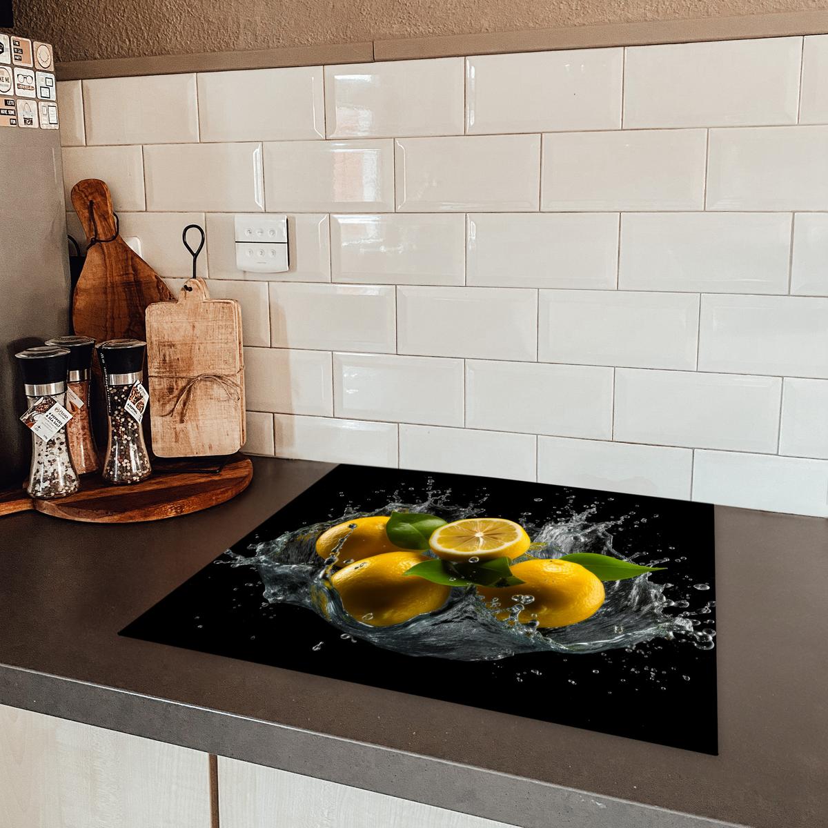 HERDABDECKPLATTE Zitrone - Obst - Gelb - Schwarz Abdeckung Ceranfeld 59x51 cm - Gelb, Kunststoff (59/51/0.2cm) - MuchoWow