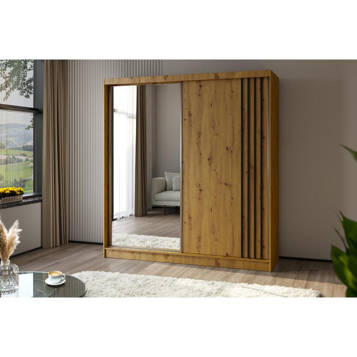 SCHWEBETÜRENSCHRANK Nela II 200/216/61 eiche Artisan mit Schubladen - Eiche Artisan/Grau, Holzwerkstoff (200/216/61cm) - Beautysofa
