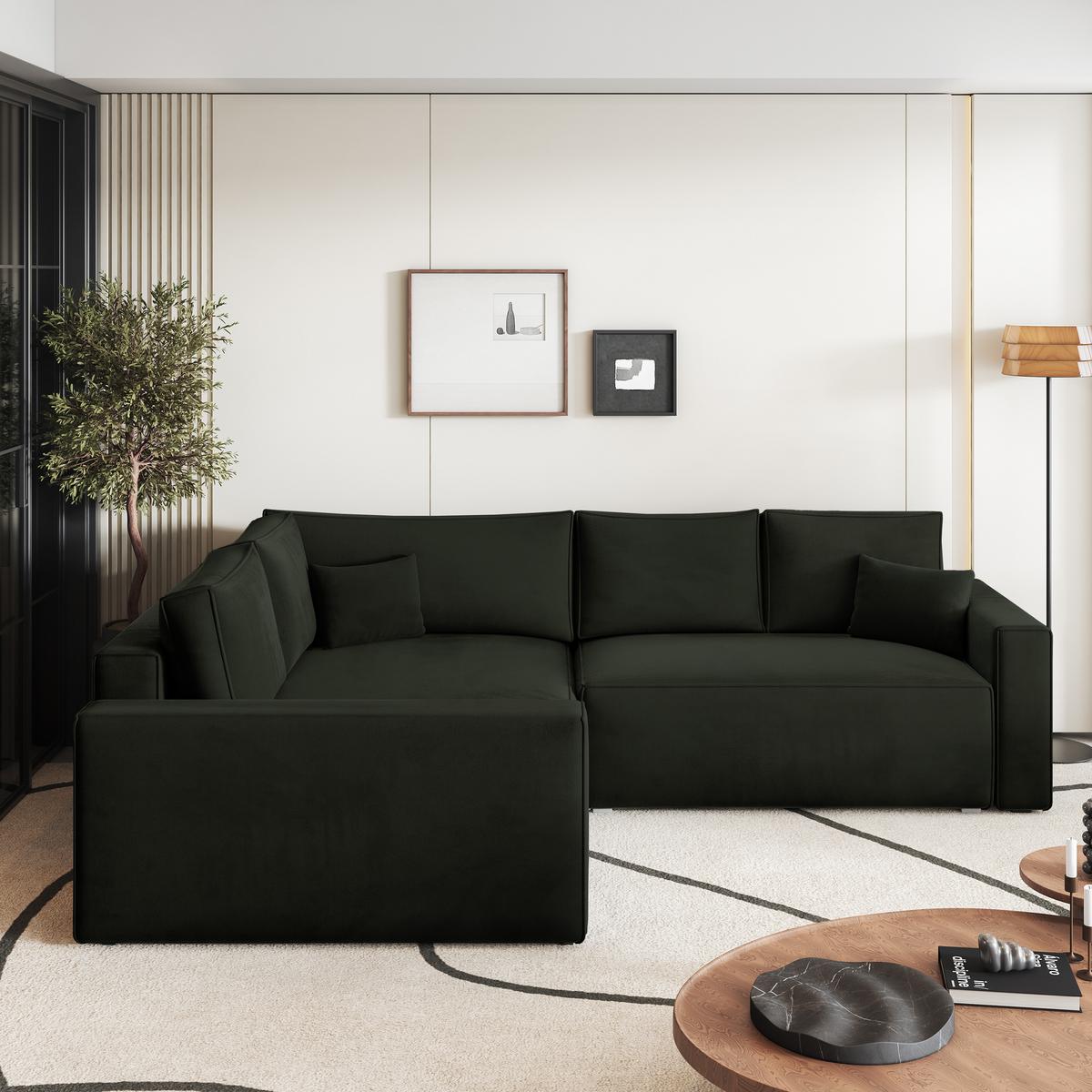 ECKSOFA ERONIS L-S Schwarz Velours-Stoff mit Schlaffunktion - Schwarz, Holz (265/194cm) - MASSENO