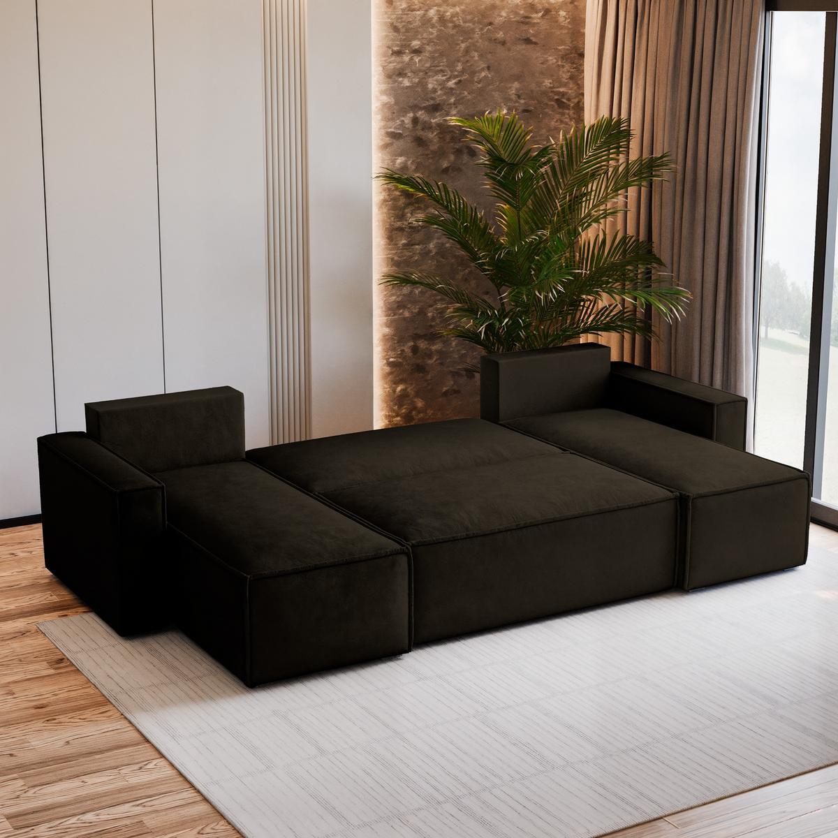 WOHNLANDSCHAFT PESANO M Braun Velours-Stoff mit Schlaffunktion - Braun, Holz (306/85/140cm) - MASSENO