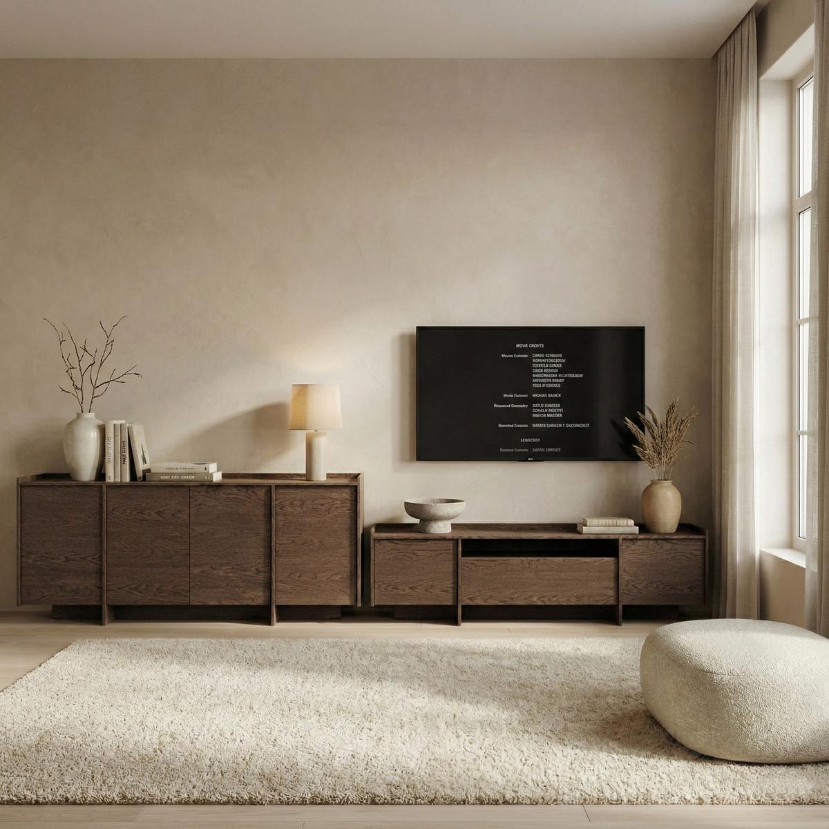KOMMODE Juni + Lowboard im Japandi Stil, 200 cm, Baltic Storm eiche - Dunkelbraun, Holzwerkstoff (200/90/38cm) - Beautysofa