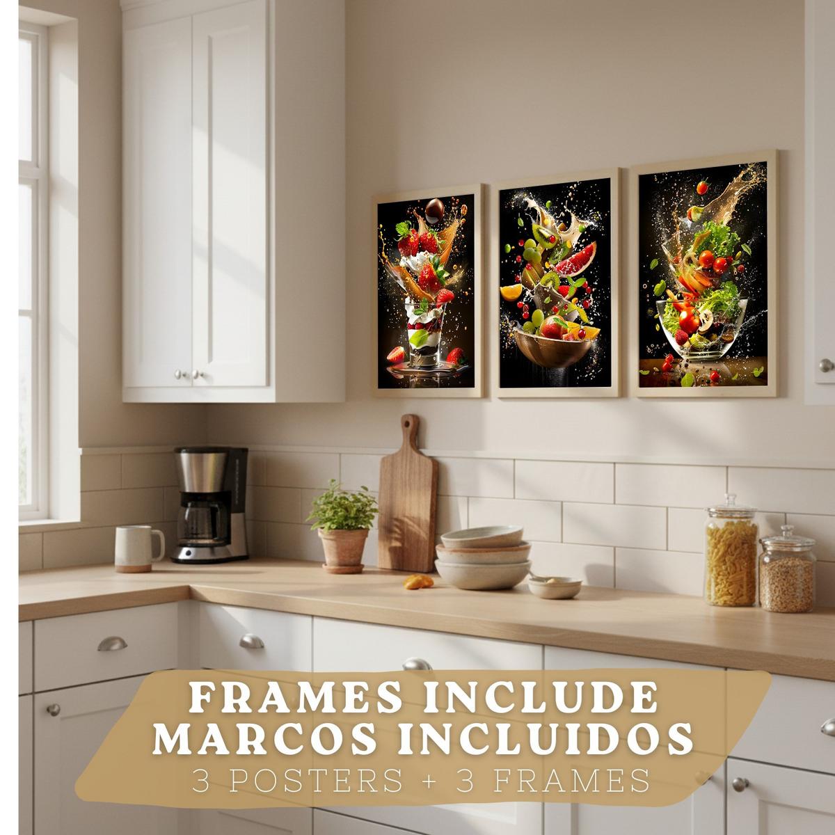POSTER 3er Set Küchen-Wandbilder Dessert Salat und Obst Splash Fotografie Schwarzer Hintergrund Esszimmer Leichter Holzrahmen A4 - Beige, Papier (29.7/1/21cm) - Nacnic