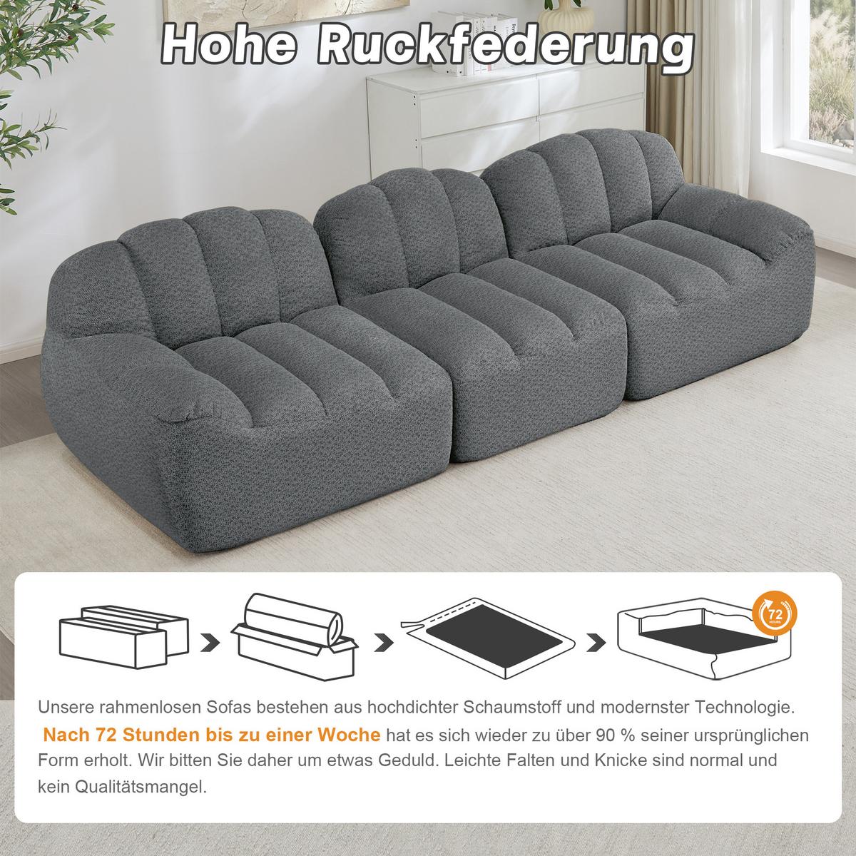 3-SITZER SOFA aus granuliertem Fleece, frameless Lounge-Design ohne Montage - Grau, Textil (288/79/104cm) - Urban Meuble