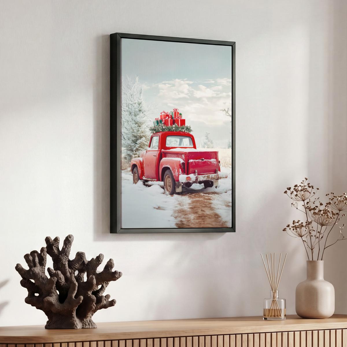 LEINWAND Bilder mit Rahmen - Auto - Rot - Geschenke - Winter - Schnee - Weihnachten - 30x40 - Rot, Textil (30/40cm) - MuchoWow