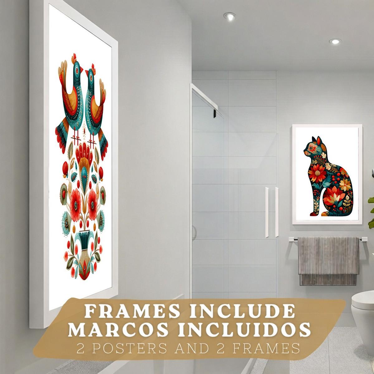 POSTER 2er-Set dekorative Badezimmer-Kunstdrucke, im Stil der Volkskunst für Wand, Toilette mit Vögeln und elegantem Blumen-Katzen Weißer Rahmen A3 - Weiß, Papier (42/29.7/3cm) - Nacnic
