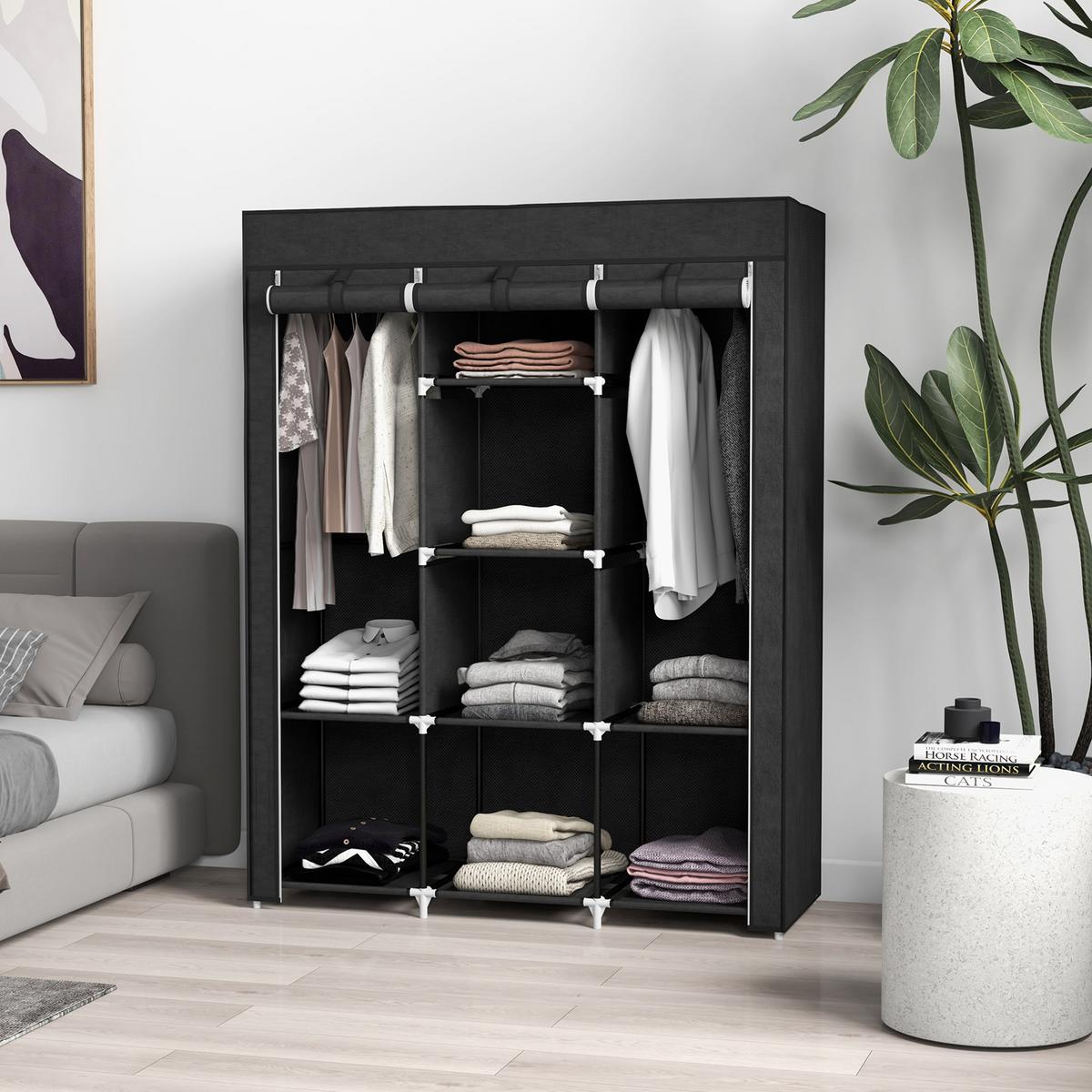 STOFFSCHRANK, Faltschrank, Kleiderschrank mit Kleiderstange, 8 Ebenen Schwarz - Schwarz, Metall (43/162.5/125cm) - HOMCOM