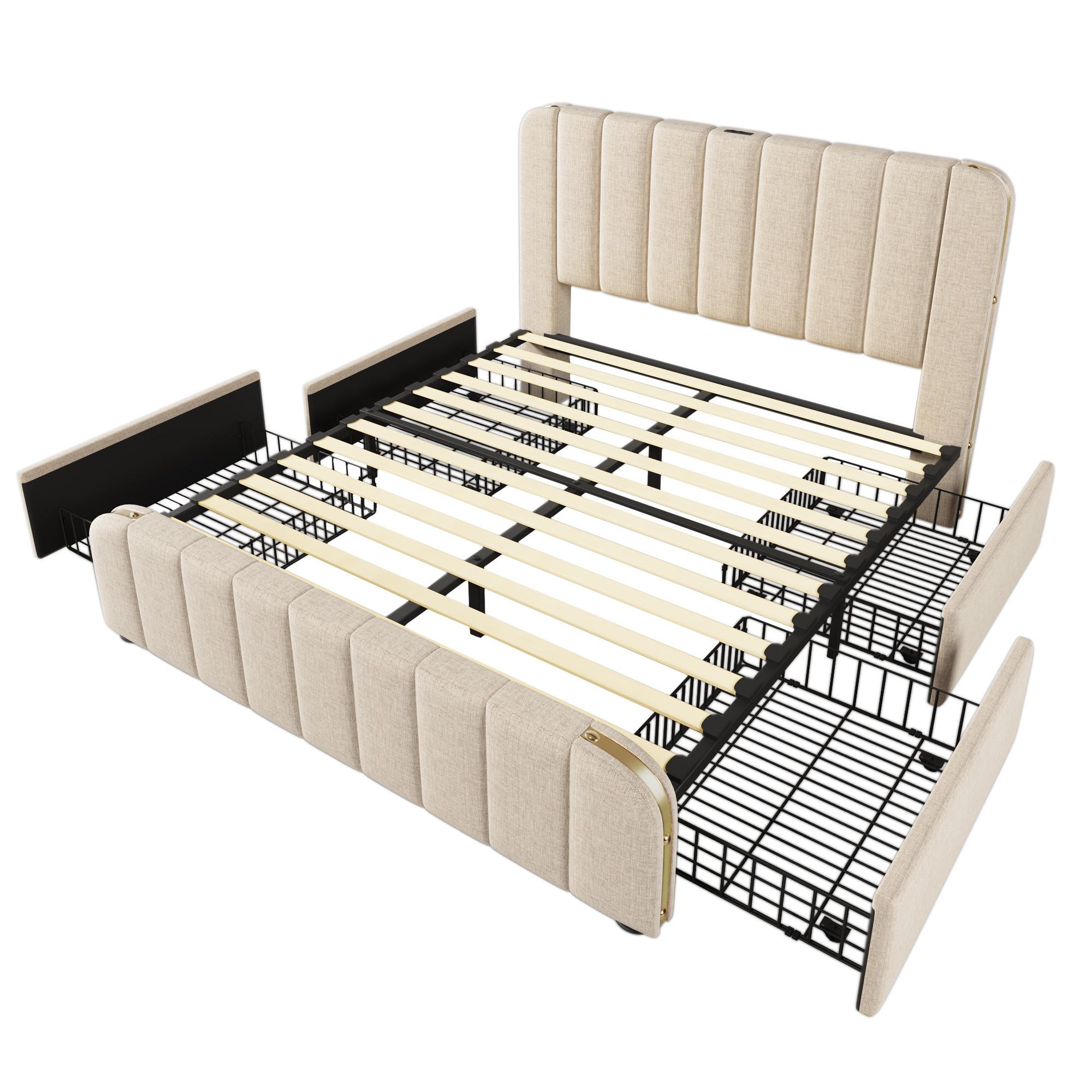 POLSTERBETT 140x190 cm aus beigem leinen, mit 4 schubladen, usb-c und goldenen akzenten - Beige, Textil (140/190cm) - Urban Meuble