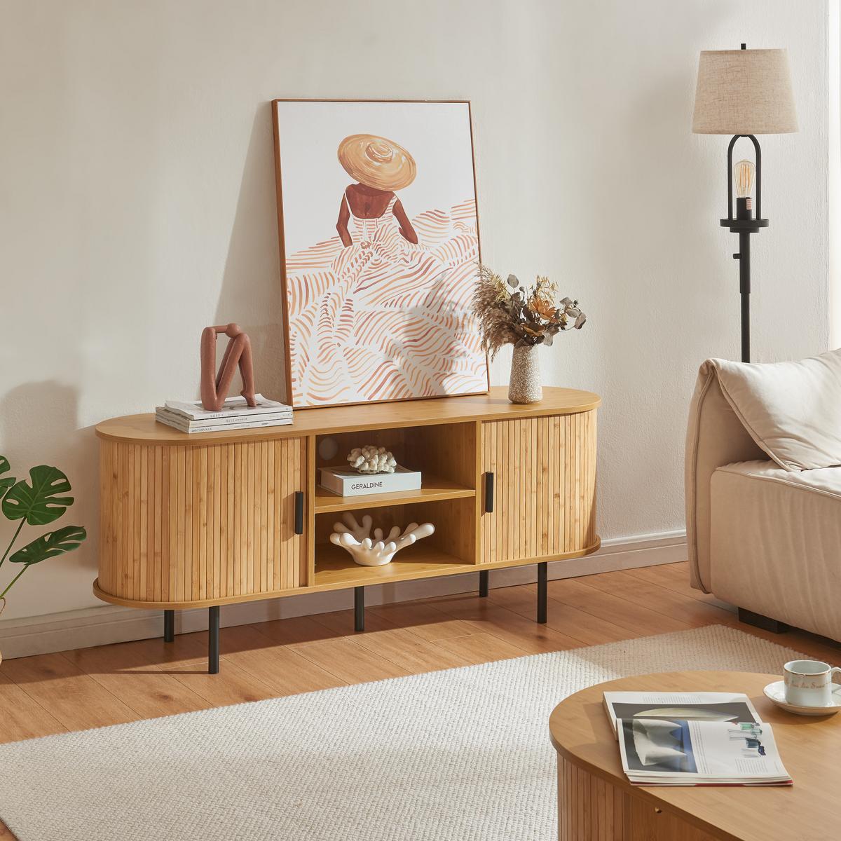 TV-ELEMENT Tvedestrand - Schwarz/Naturfarben, Holzwerkstoff/Metall (140/55/40cm) - [en.casa]