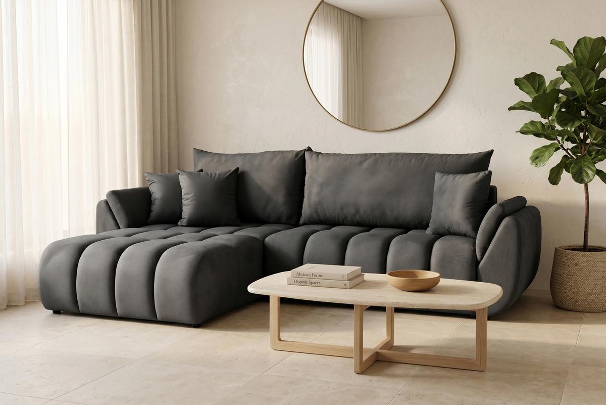 ECKSOFA Iris mit Schlaffunktion und Bettkasten, links oder rechts montierbar – Grau Samt 280/184/85 cm - Schwarz/Grau, Kunststoff/Textil (280/184cm) - WFL GROUP